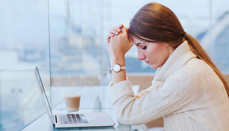 stress, sad tired woman near computer