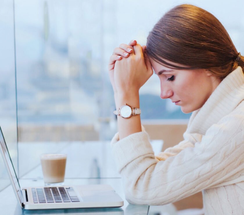 stress, sad tired woman near computer
